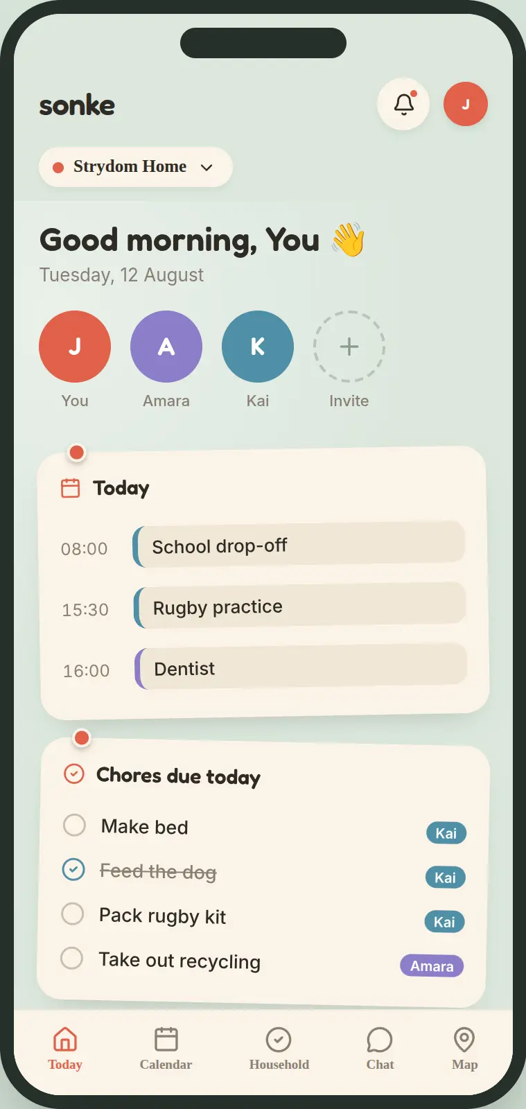 The Sonke app showing today's calendar, a family strip, and chores due today